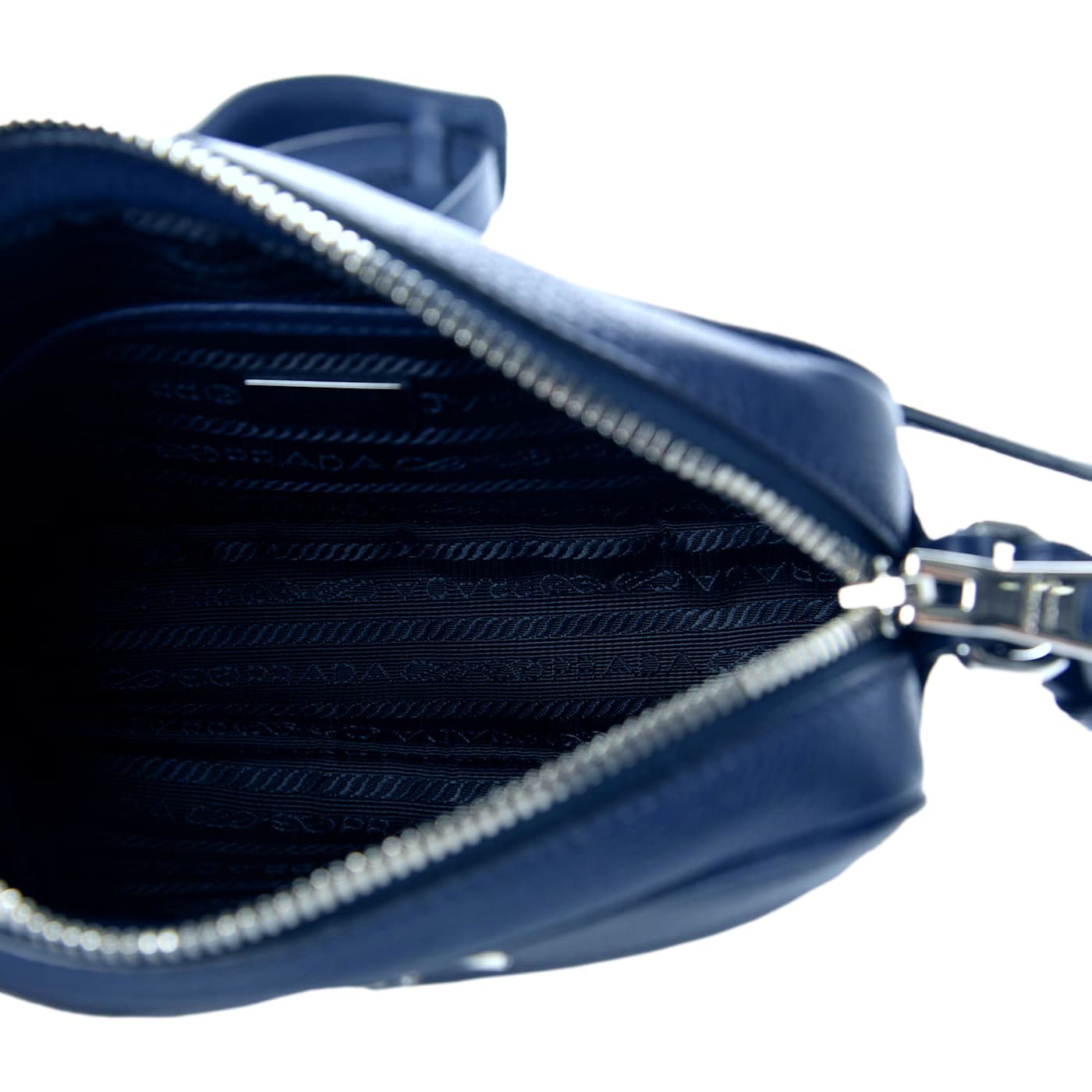 Prada Vitello Phenix Blue Leather Silver Logo Small Camera