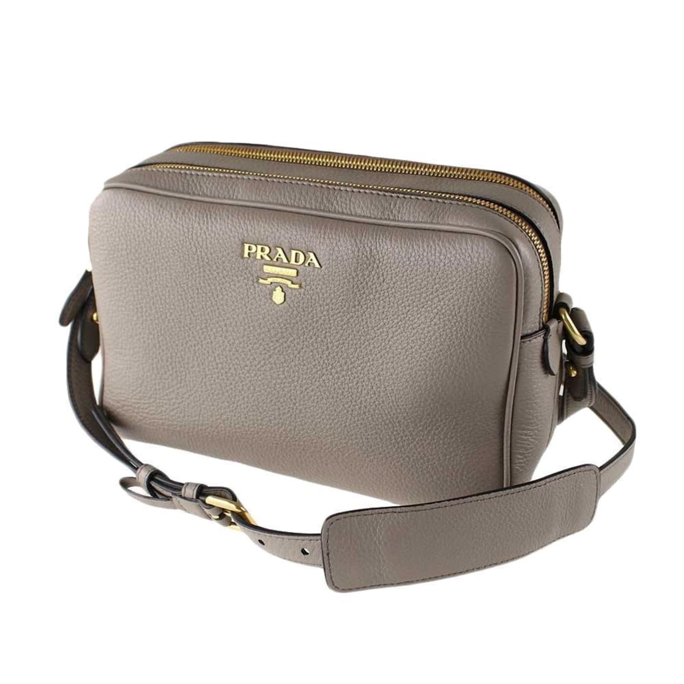 Prada Argilla Grey Vitello Phenix Leather Double Zip Crossbody Bag