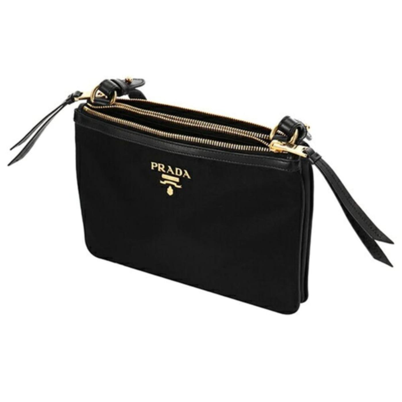 Prada Logo Tessuto Nylon Soft Calf Trim Black Crossbody Bag