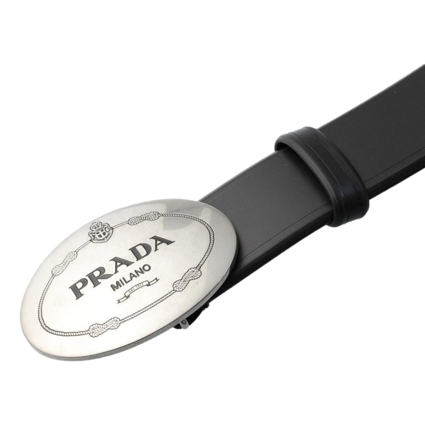 Prada Mens Navy Blue Saffiano Leather Belt Brushed Silver