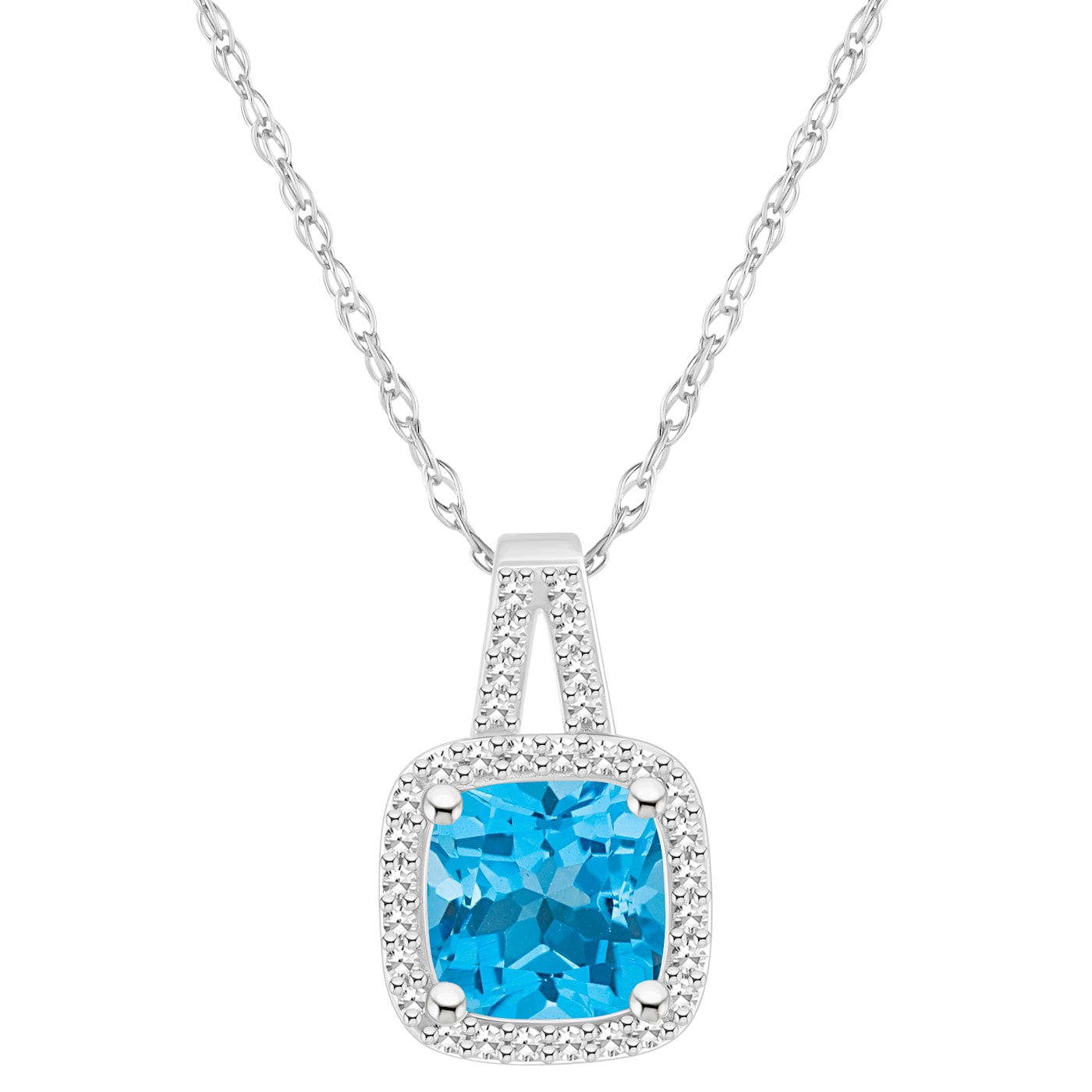 7mm Cushion Blue Topaz 1/6 ctw Diamond Rhodium Over Sterling