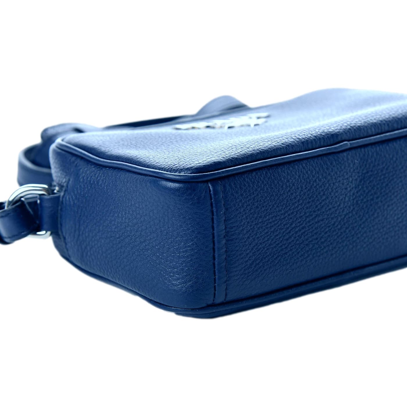 Prada Vitello Phenix Blue Leather Silver Logo Small Camera