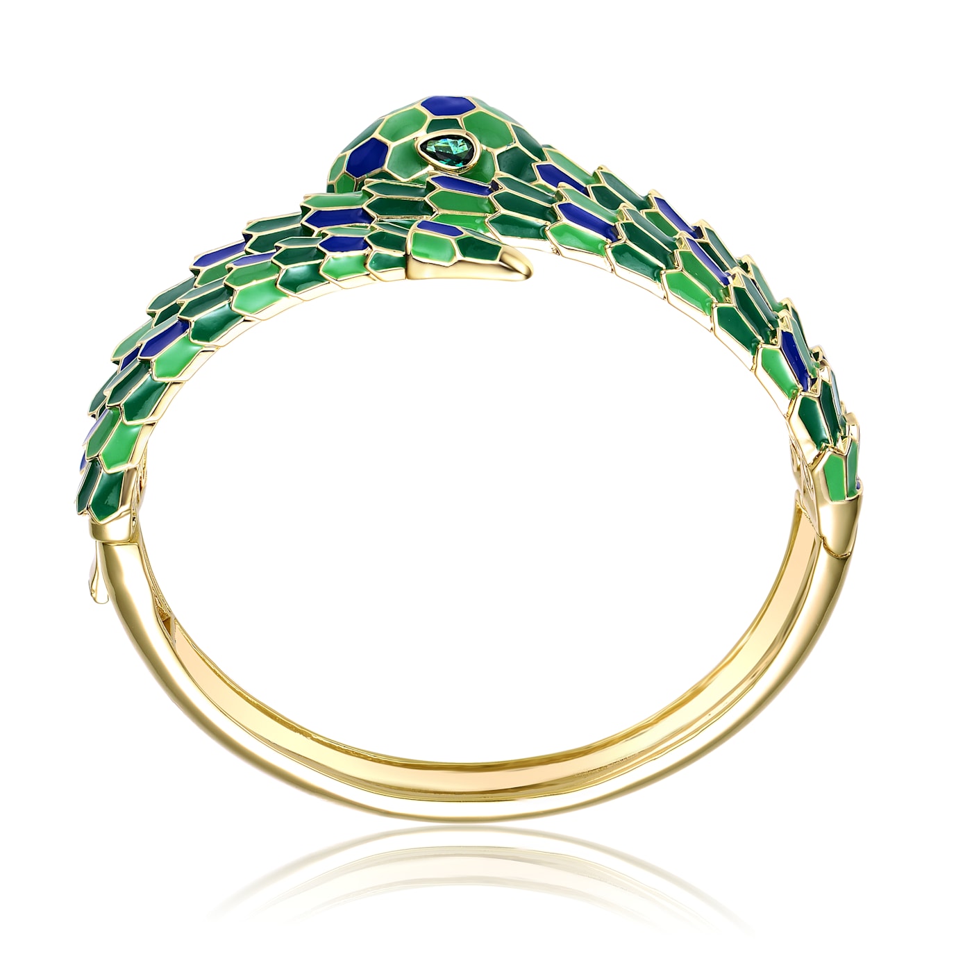 Emerald Cubic Zirconia, 14k Gold Plated over Brass Green Enamel 3D Serpent  Coiled Bypass Bracelet