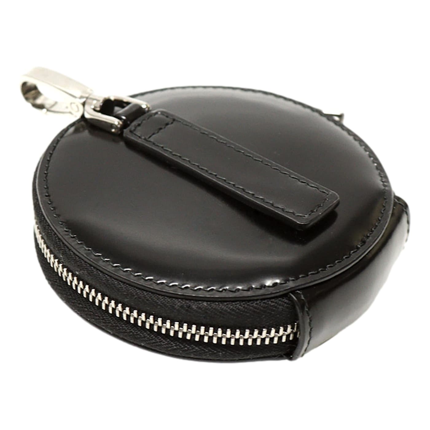 Prada Triangle Plaque Smooth Black Leather Round Mini Pouch