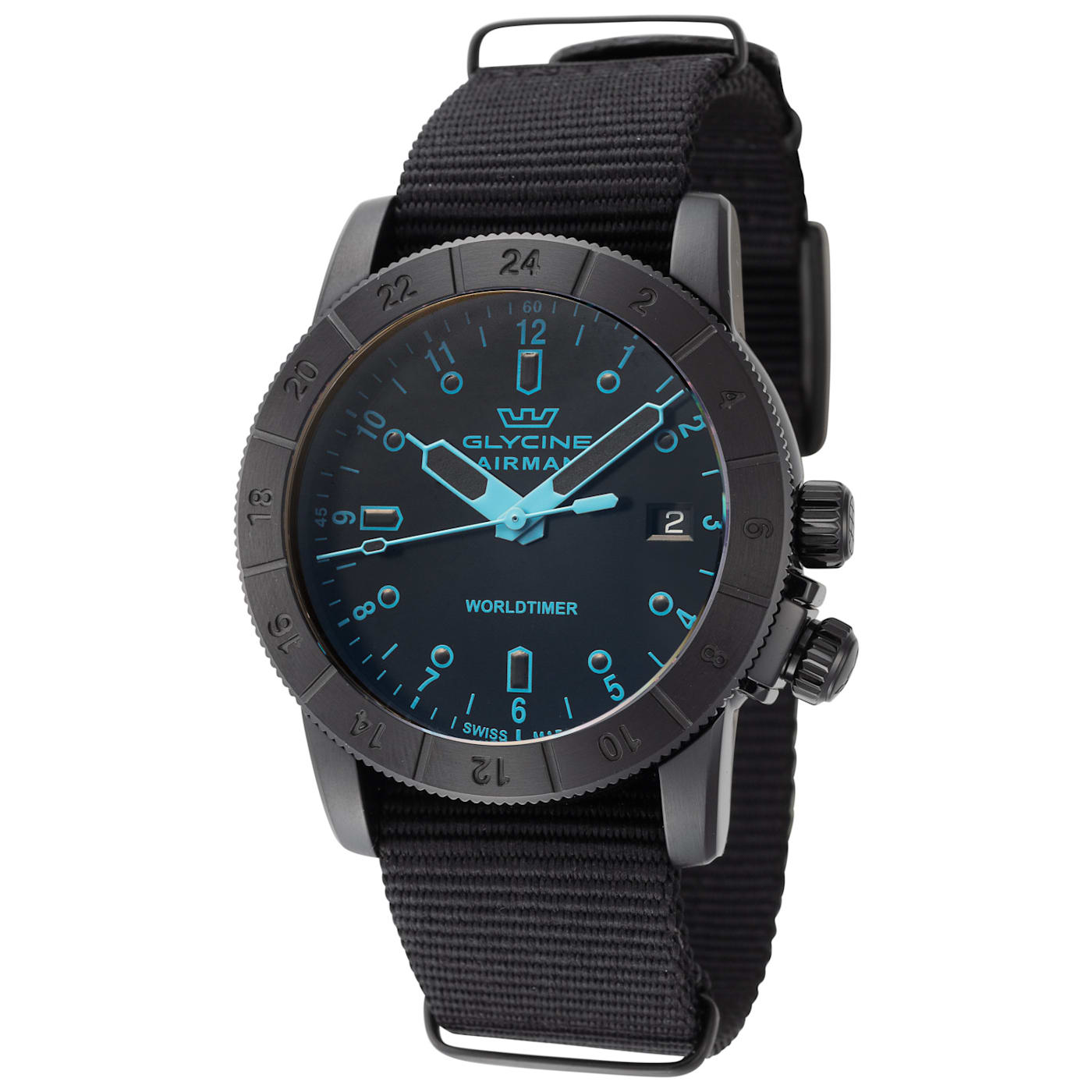 Glycine Men s Airman Worldtimer 42mm Quartz Black Dial Blue Hands