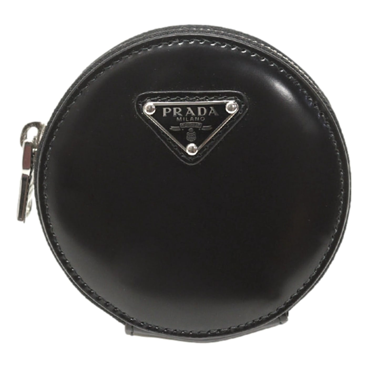 Prada Triangle Plaque Smooth Black Leather Round Mini Pouch