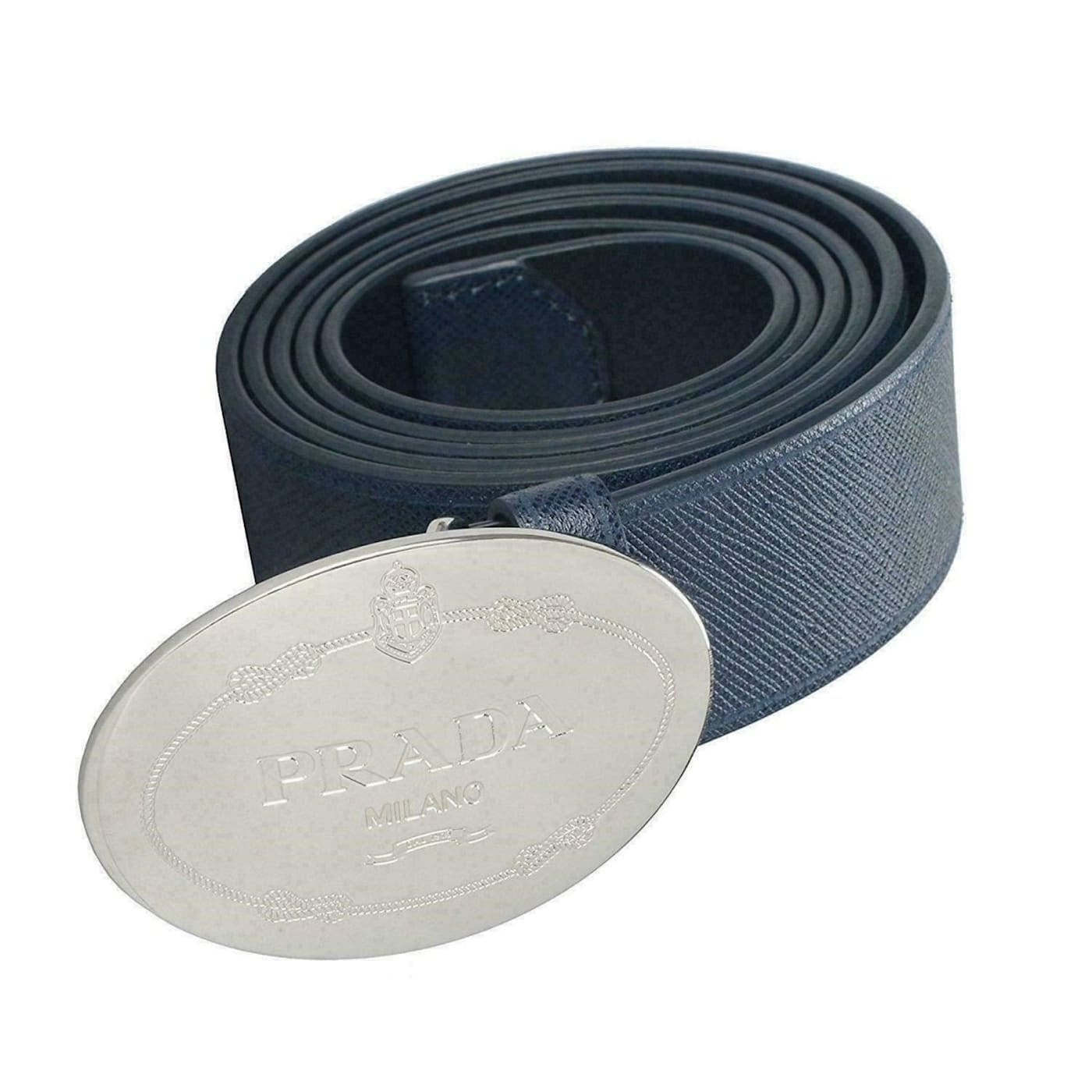 Prada Mens Navy Saffiano Leather Belt Silver Oval Buckle