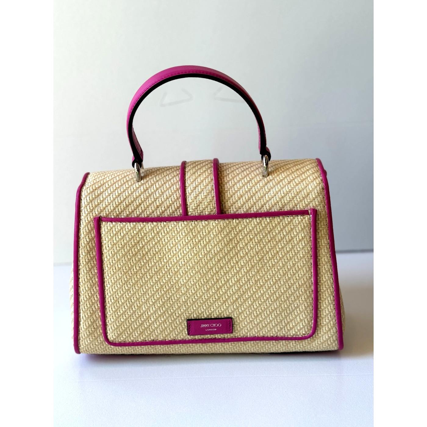 Jimmy Choo Cheri Crystal Medium Top Handle Bag Raffia Pink