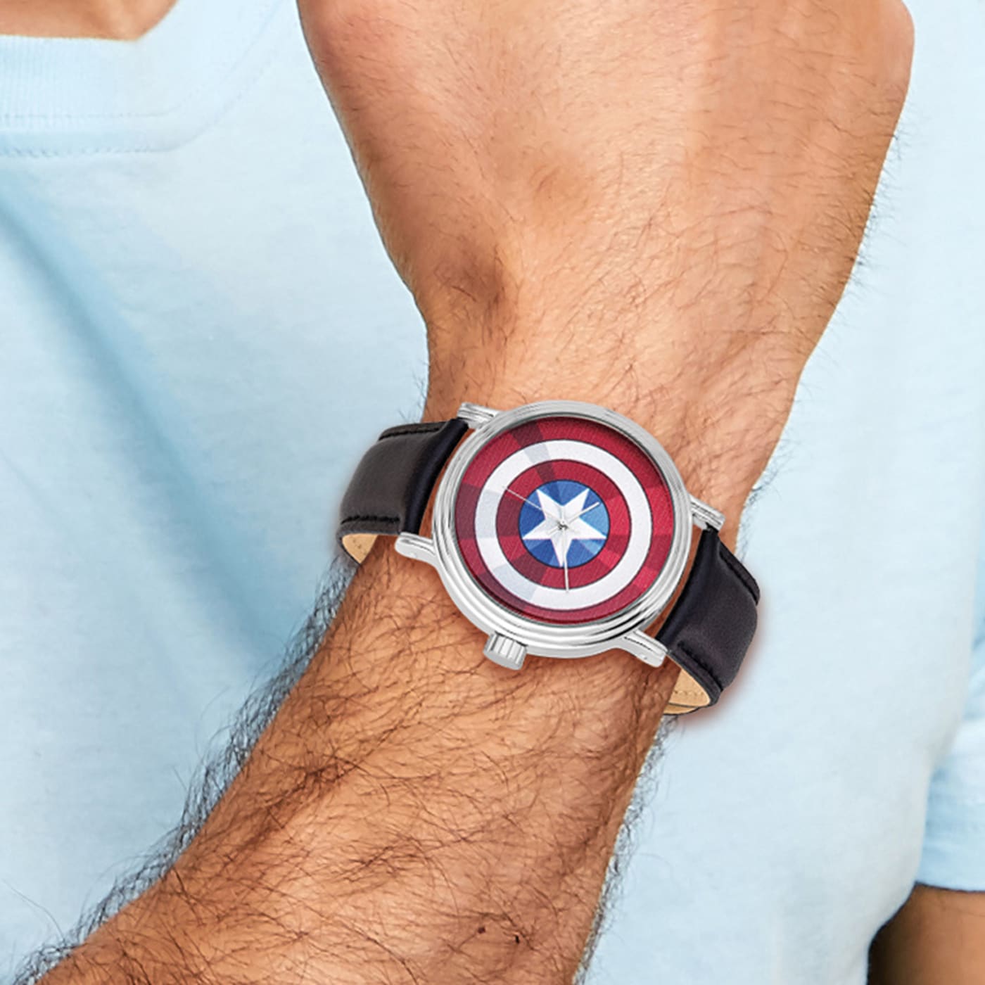 Marvel Captain America Adult Size Black Leather Band Watch 15RY4A