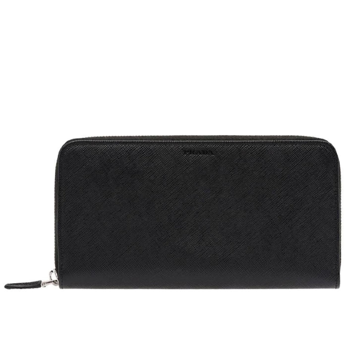 Prada Saffiano Active Black Leather Stripe Zip Around Wallet