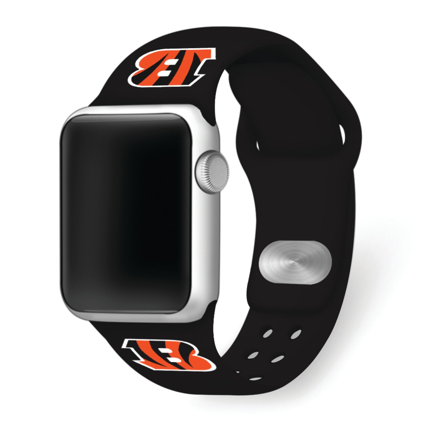 Gametime Cincinnati Bengals Black Silicone Band fits Apple Watch 42 44mm M L Watch not included. 1C2K1G