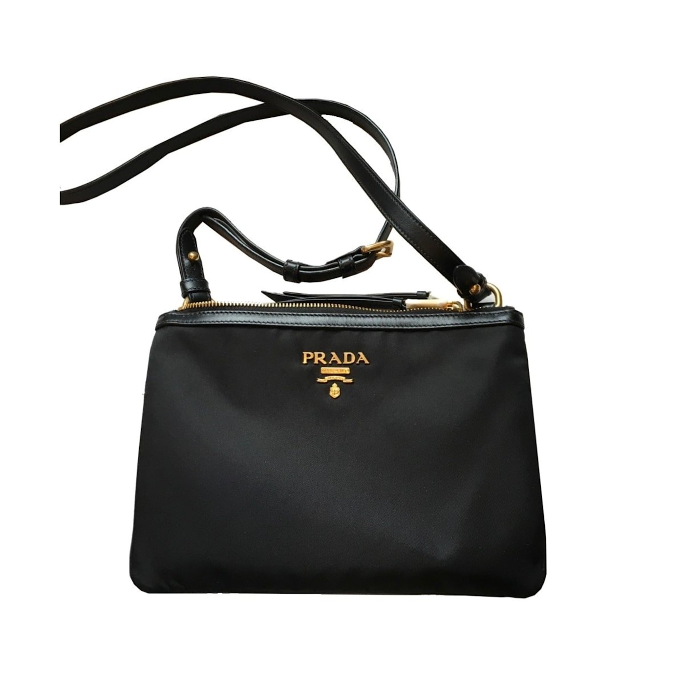 Prada Logo Tessuto Nylon Soft Calf Trim Black Crossbody Bag