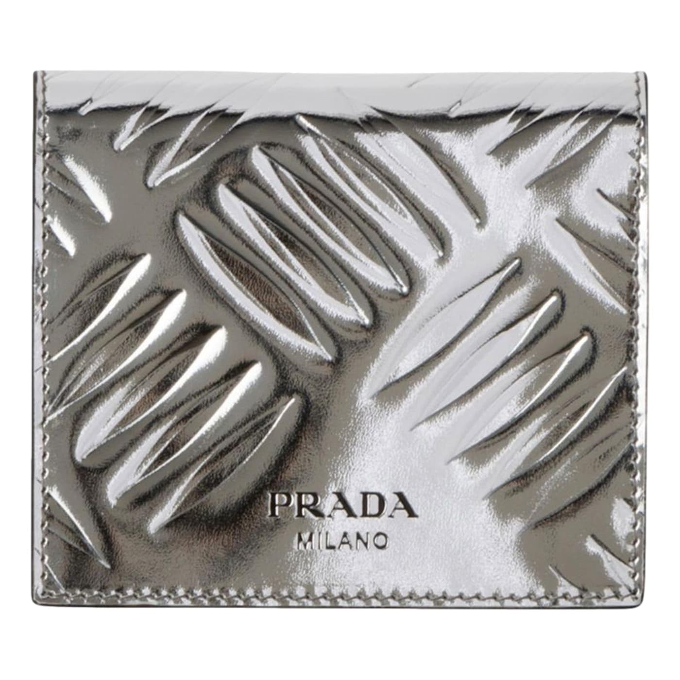 Prada Spazzolato Bifold Card Wallet Metallic Silver Embossed Leather 16K8LA