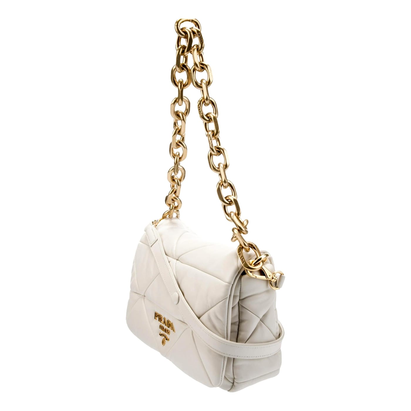Prada Gold Logo Ivory Quilted Nappa Patch Leather Shoulder