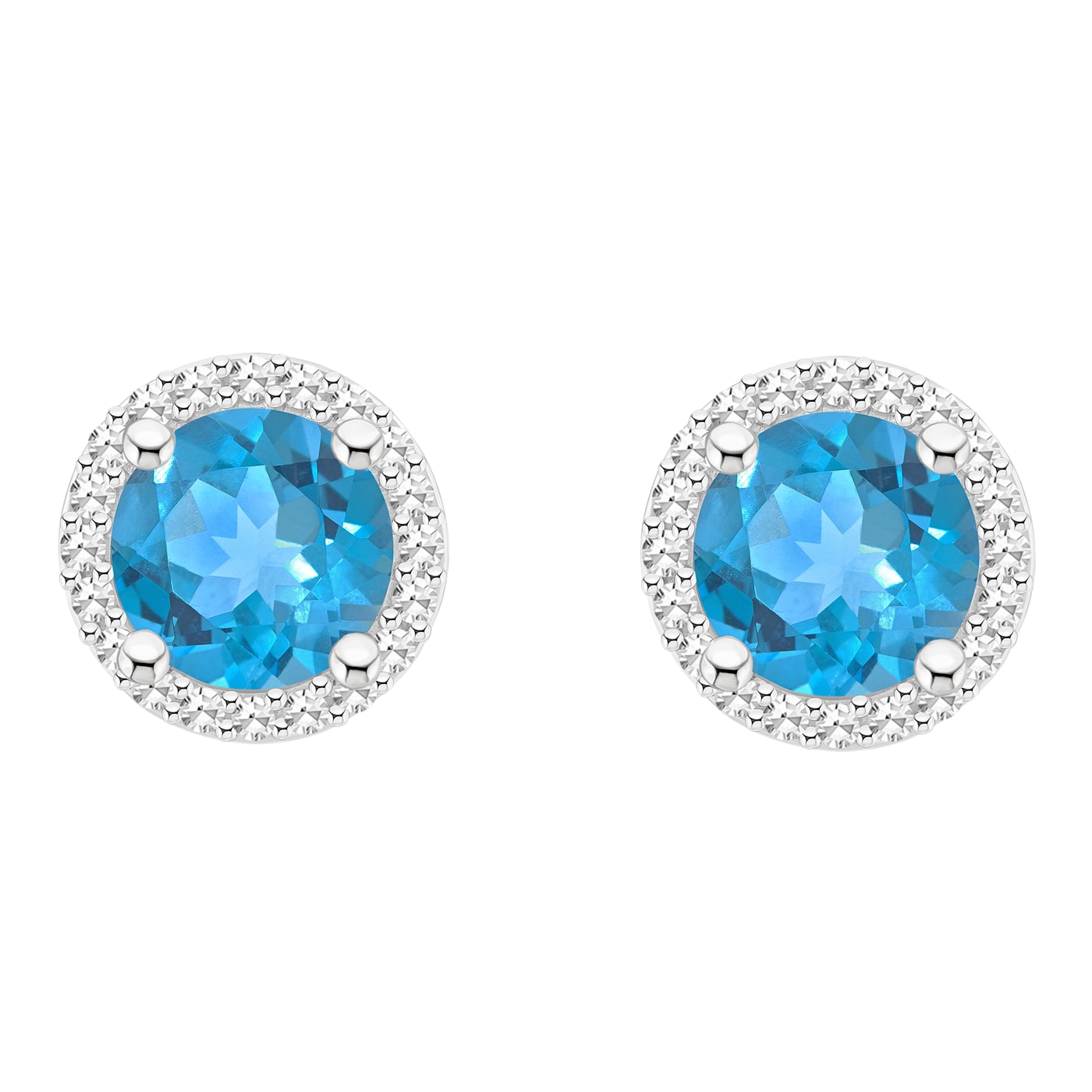 6mm Round Blue Topaz 1/5 ctw Diamond Rhodium Over Sterling Silver Halo Stud  Earrings - 1214ZG