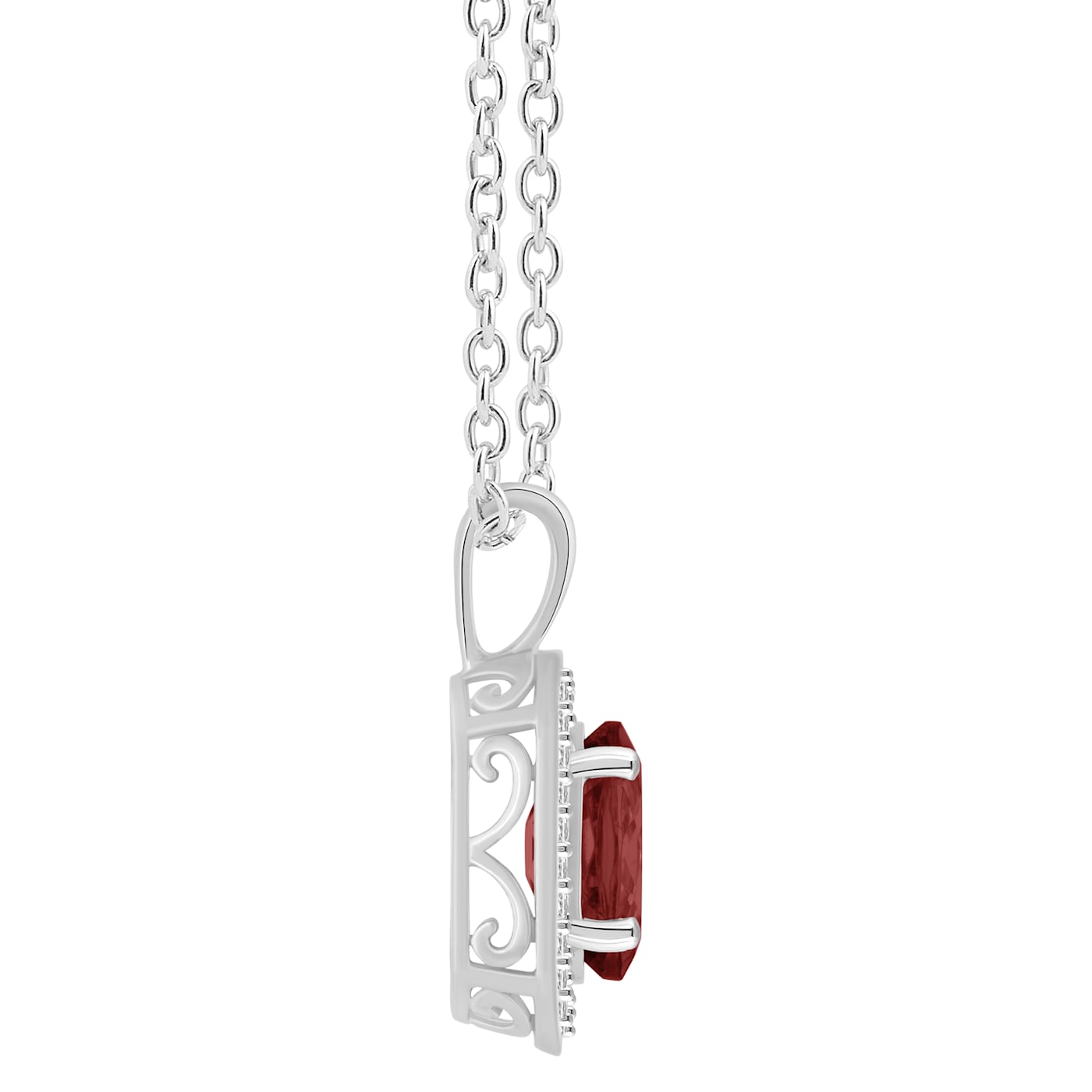 8x6mm Oval Garnet 1/8 ctw Diamond Rhodium Over Sterling