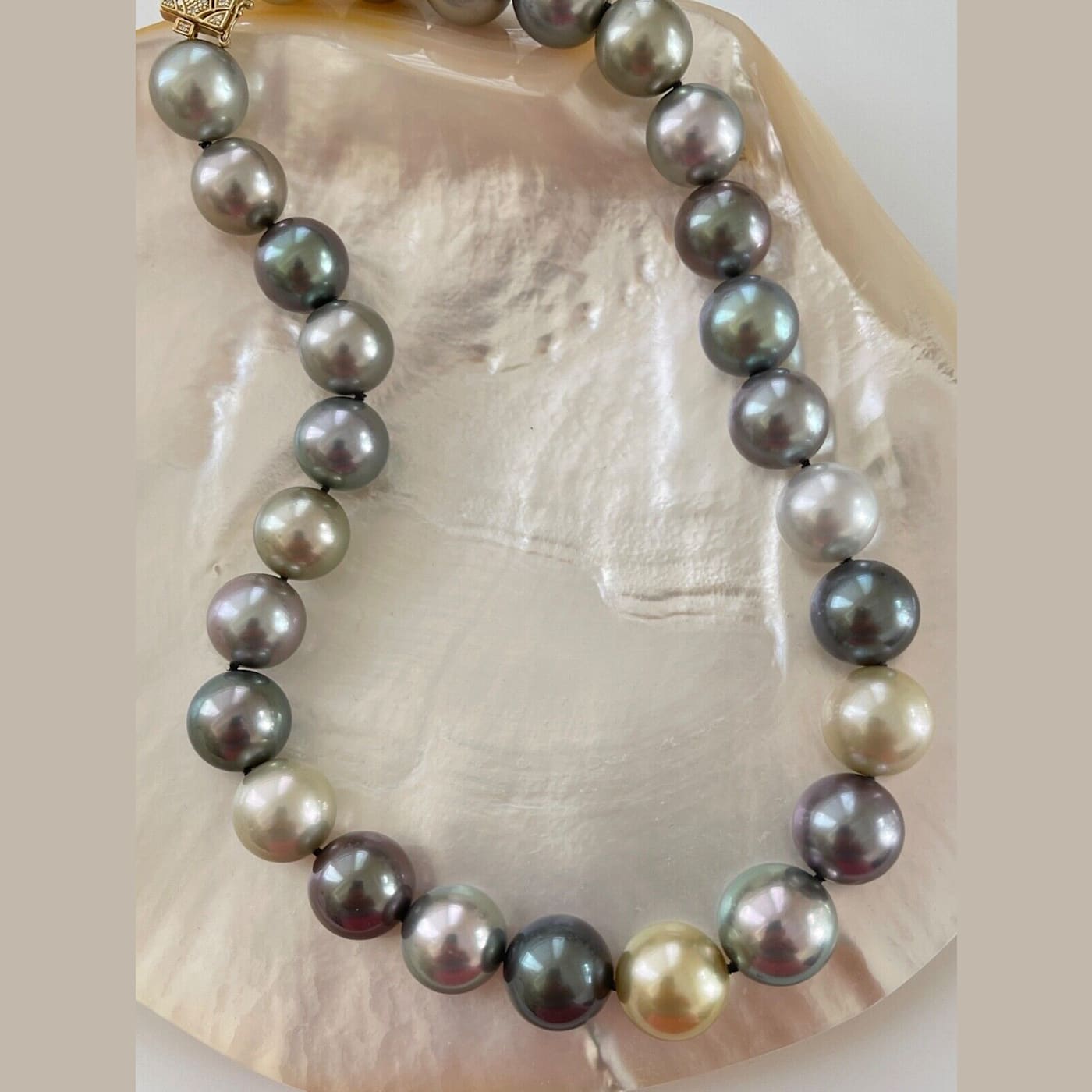 15-16.8mm AAAA Multi Color Tahitian Cultured Pearl Strand with 14k