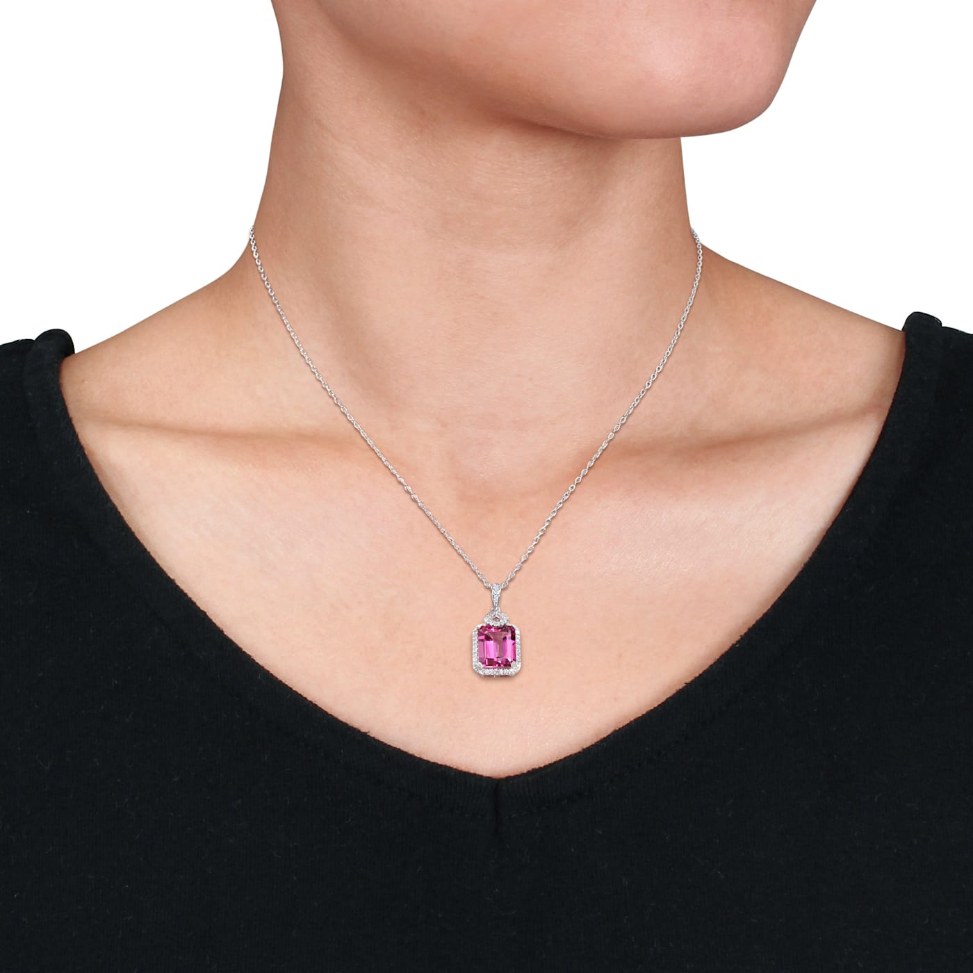 5 3/5 CT TGW Pink Topaz and 1/4 CT TW Diamond Halo Pendant 5 3/5 CT TGW Pink Topaz and 1/4 CT TW Diamond Halo Pendant