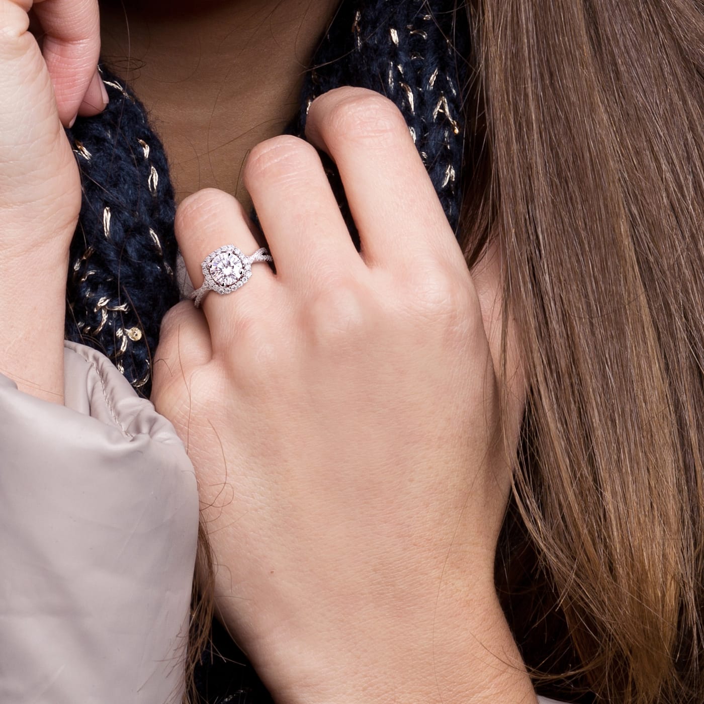 1-1/2 CT DEW Created Moissanite Halo Crossover Engagement