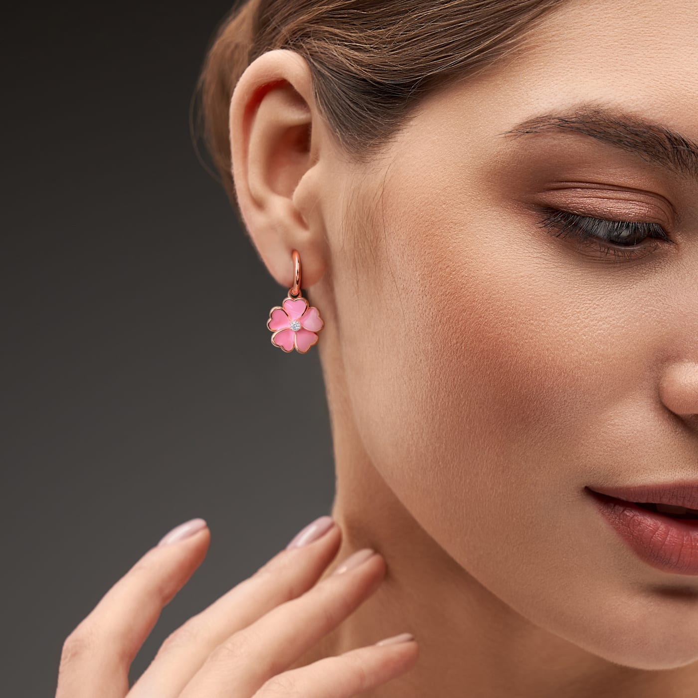 1/6 CT TGW White Topaz with Pink Enamel Flower Hoop Earrings