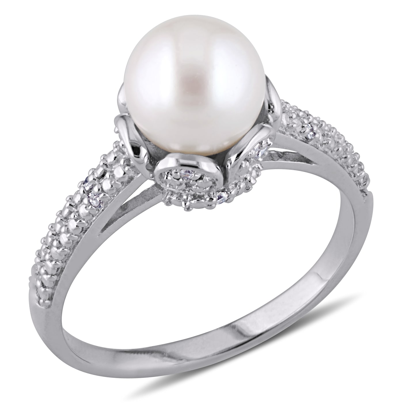 Pearl combination ring 15号【未使用】 Cultured Pearl & White Lab-Created Sapphire Chevron Ring