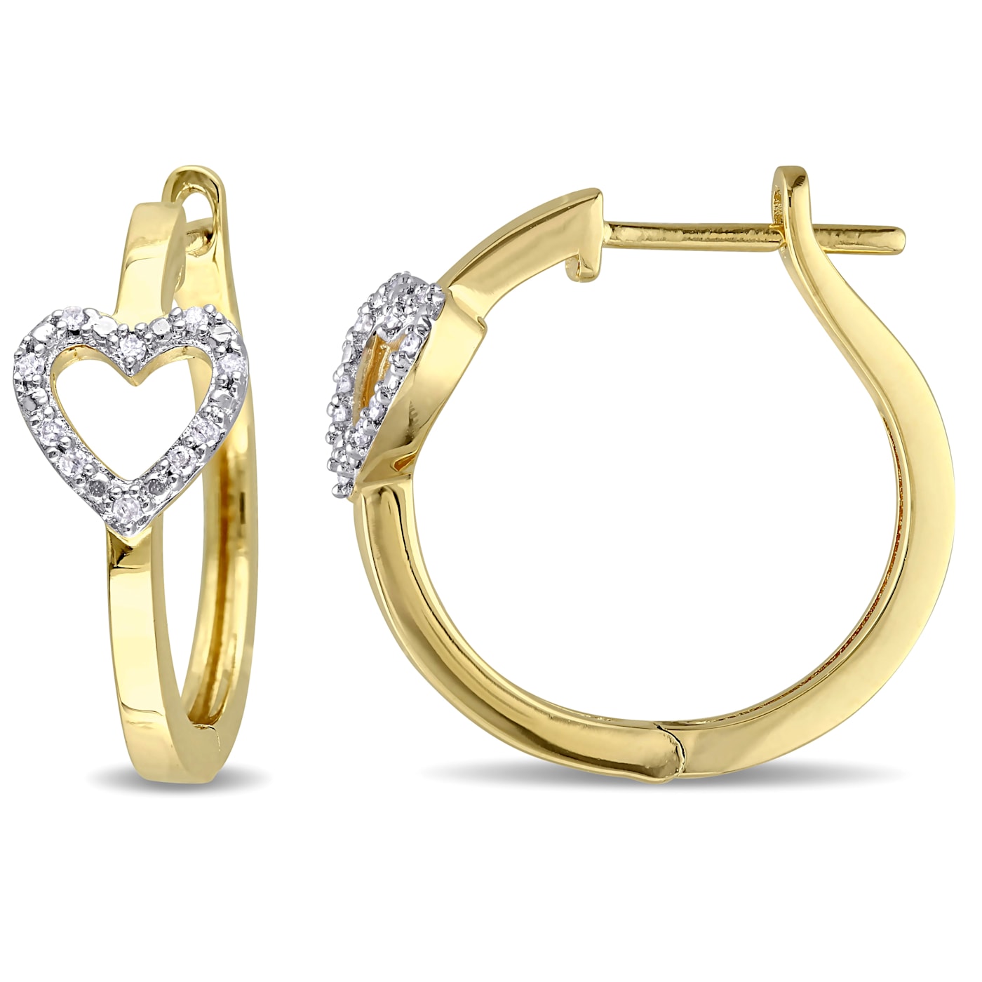 Amour 1/10 ct tw Diamond Heart Hinged Hoop Earrings in Yellow Gold Over Sterling Silver