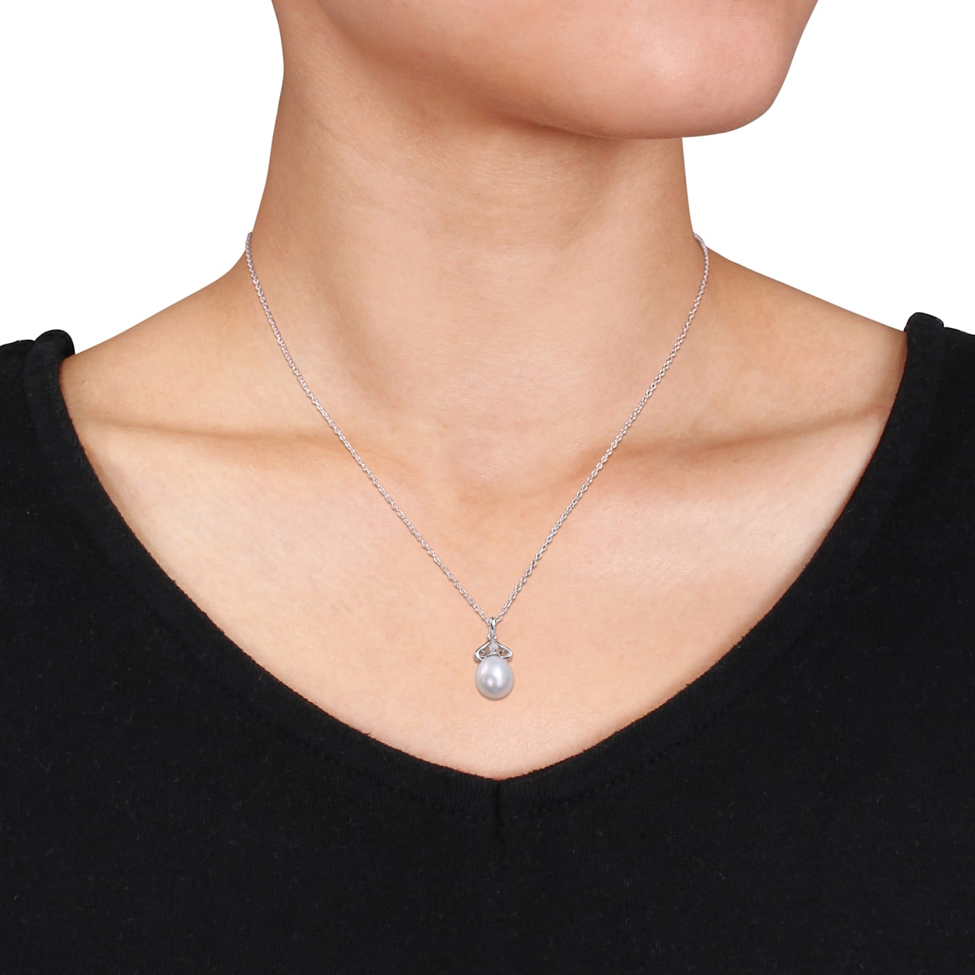8.5-9MM Freshwater Cultured Pearl and Diamond Accent Drop