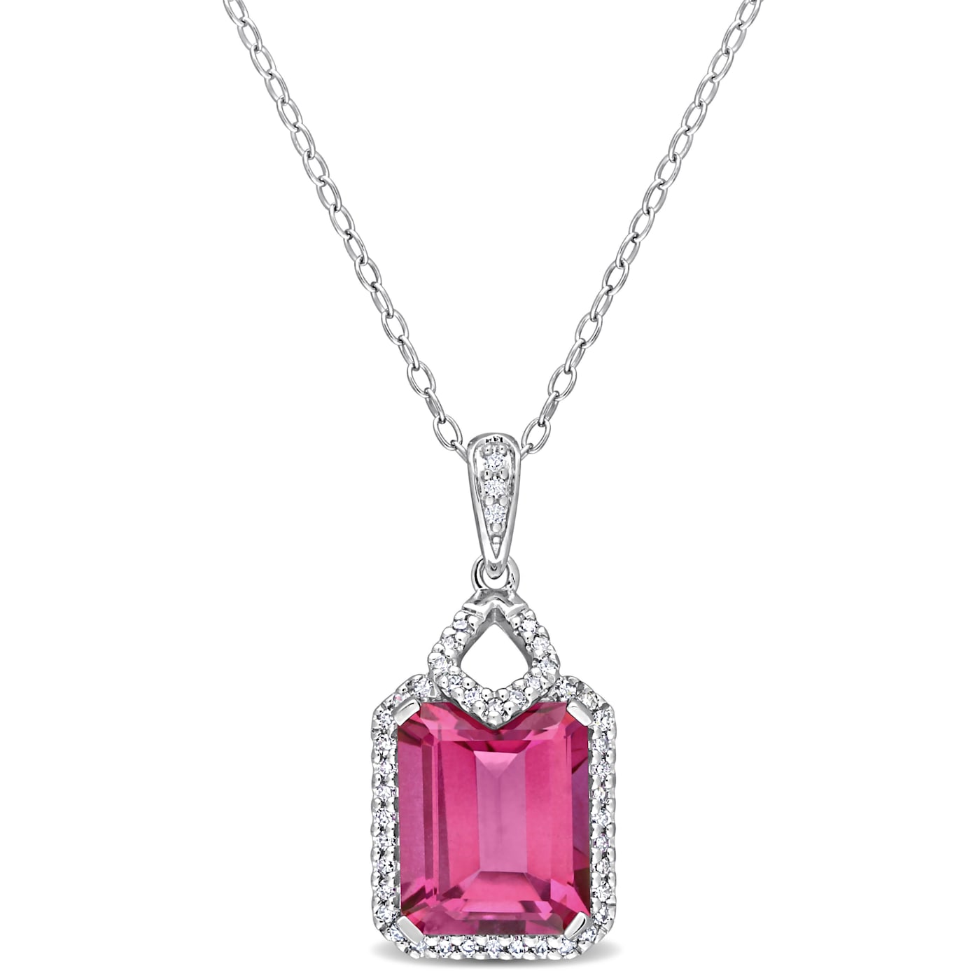 5 3/5 CT TGW Pink Topaz and 1/4 CT TW Diamond Halo Pendant