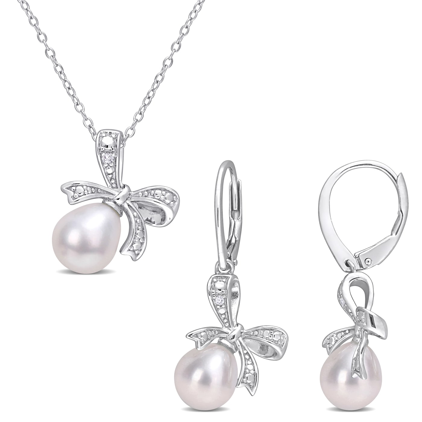 ☆HEI☆ sv925 ribbon pearl earring HE24FAESW592XXFR 7.5-9MM Freshwater Cultured Pearl and Diamond Accent Bow