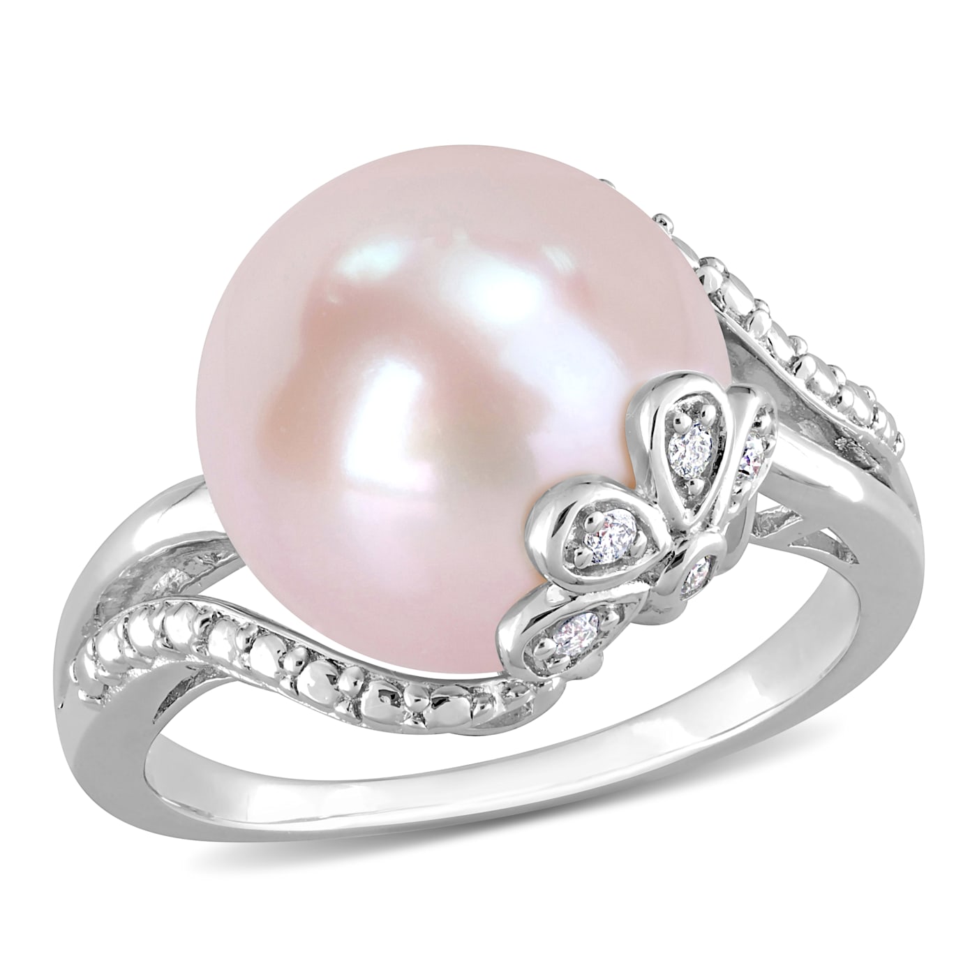 12-12.5MM Pink Freshwater Cultured Pearl and Diamond Flower