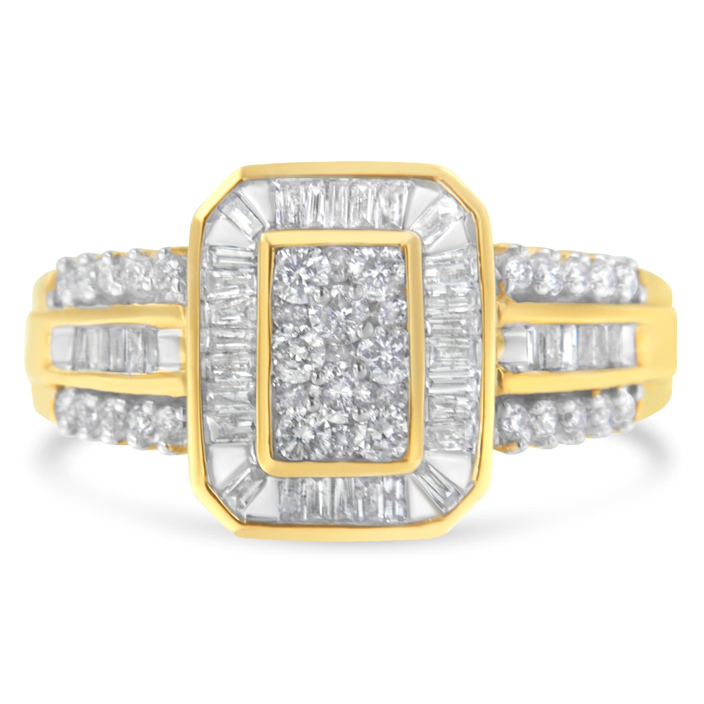 10K Yellow Gold Round and Baguette-Cut Diamond Cocktail Ring