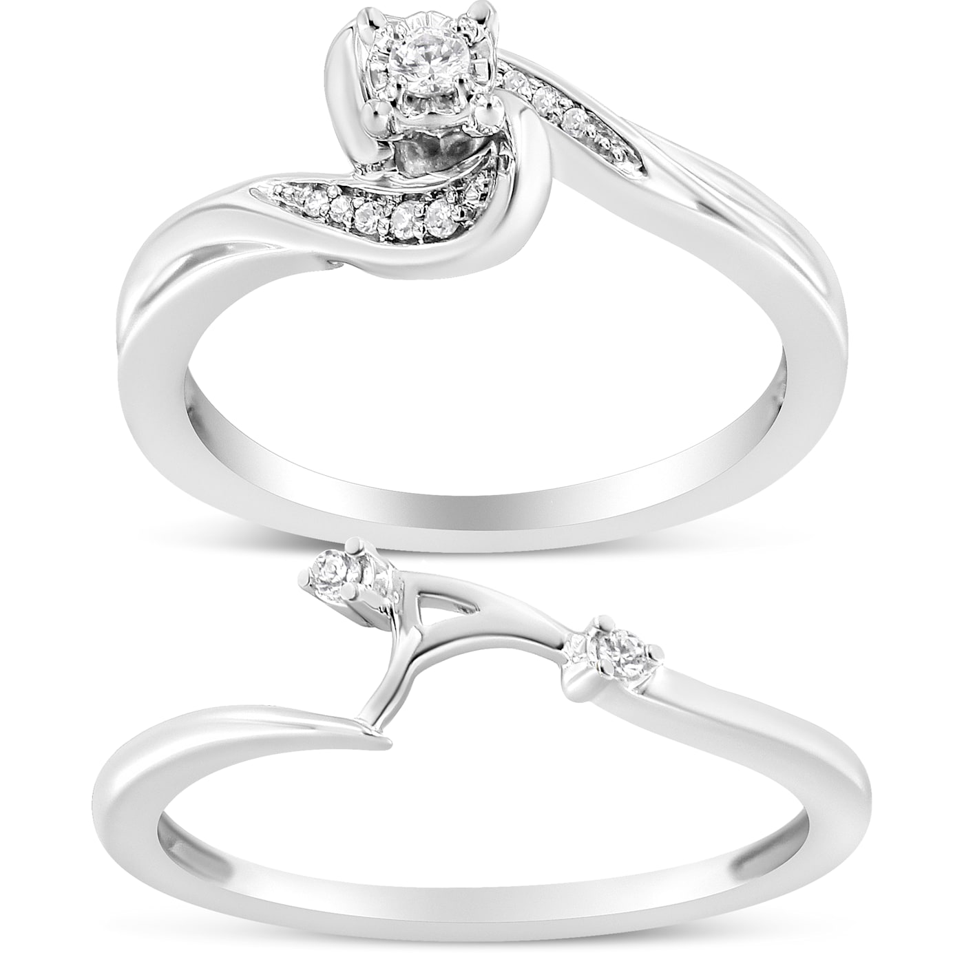 Sterling Silver 1/10ctw Diamond Swirl and Bypass Bridal Set Ring