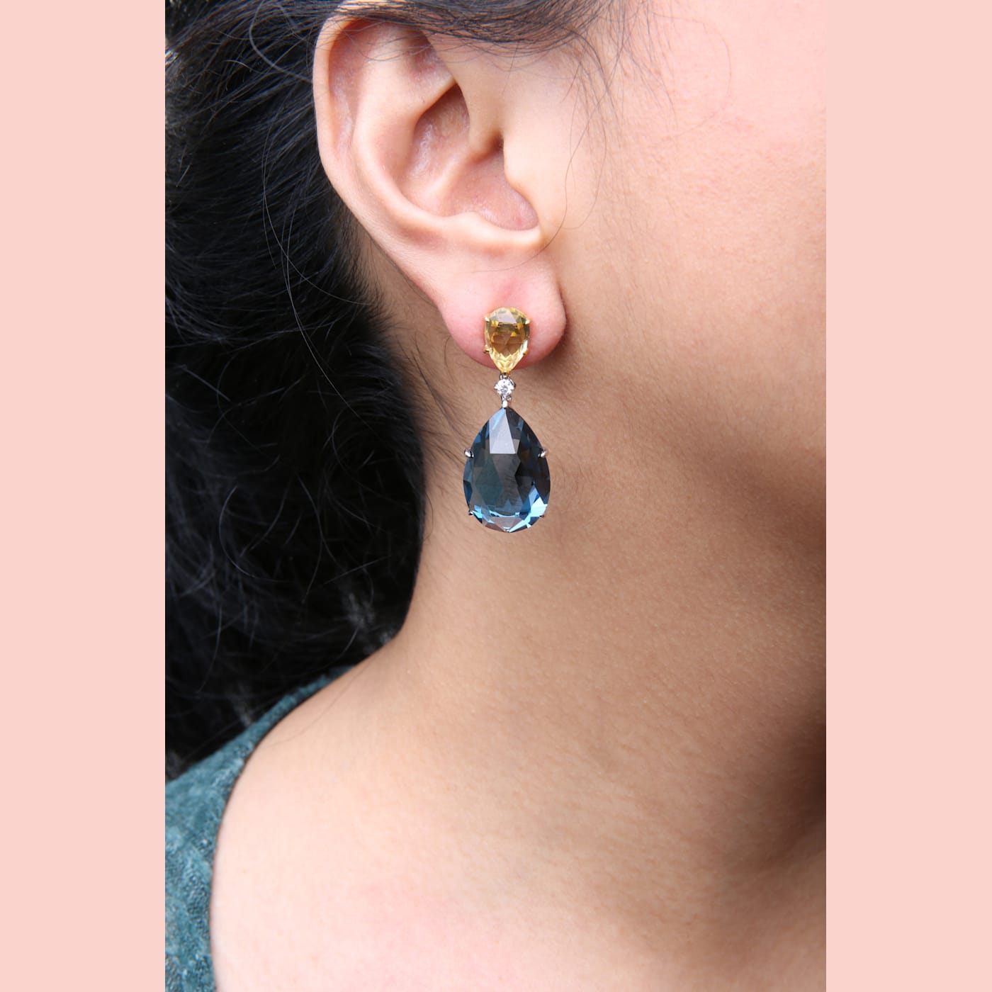 18K Two-tone Citrine and Blue Topaz Pear Gemstone with