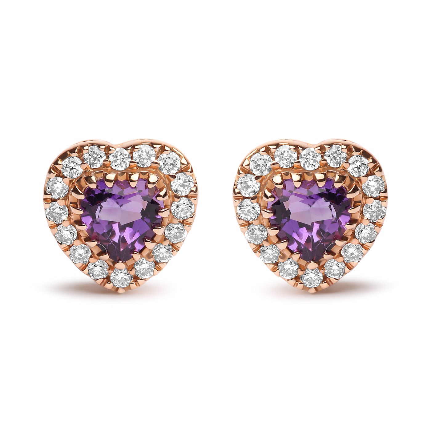 Haus of Brilliance 18K White and Rose Gold 1 6 Cttw Diamond and 4mm Heart Cut Purple Amethyst Gemstone Halo Heart Stud Earrings