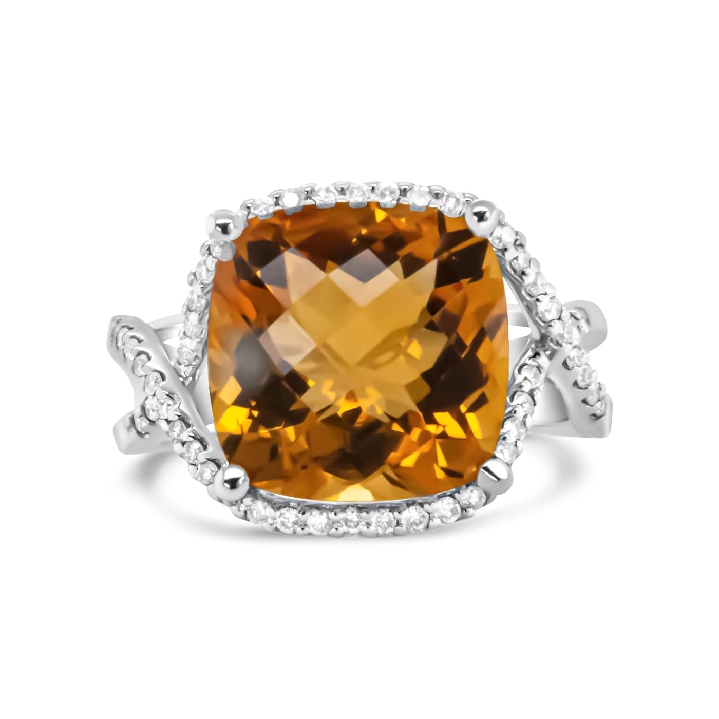 14K White Gold Cushion Citrine and 1/3ctw Round Diamond Ring