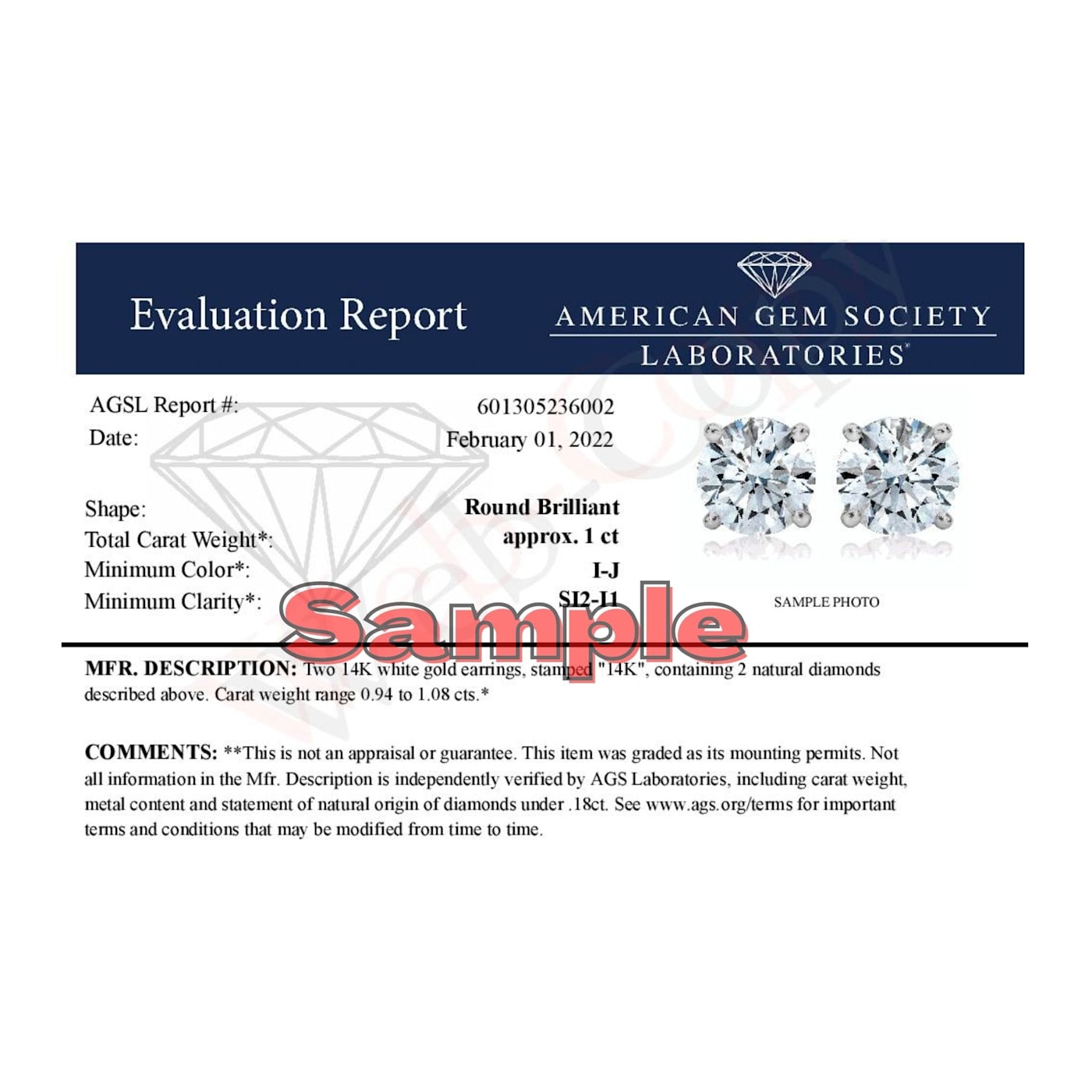 14K White Gold AGS Certified 1.0ctw Brilliant Round-Cut