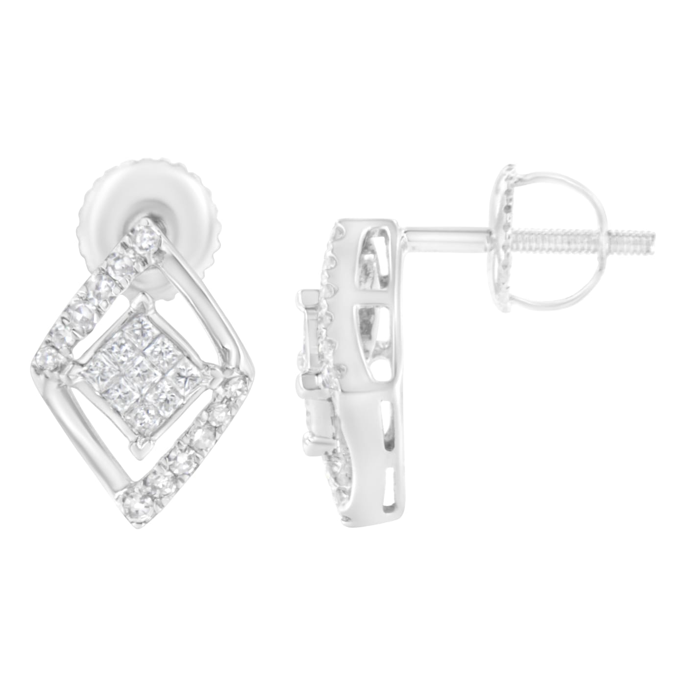 [PRIMAUTE] TWICEジヒョ着用☆AURORA ROUND Earrings 10K White Gold 1/3ctw Princess-cut Diamond Double Triangle