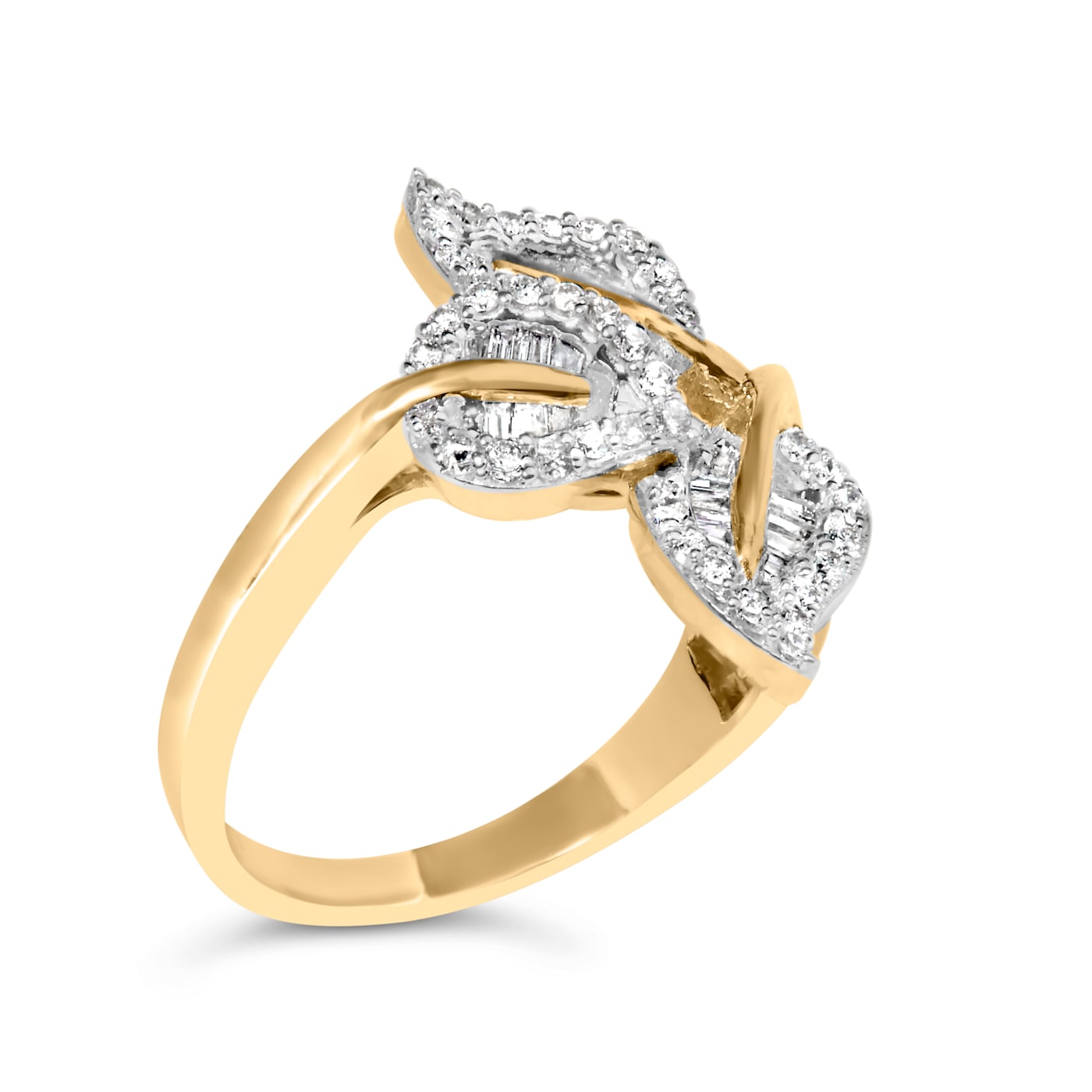 18K Yellow and White Gold Over Sterling Silver 3/8ctw Mixed Diamond Bypass  Triple Leaf Ring