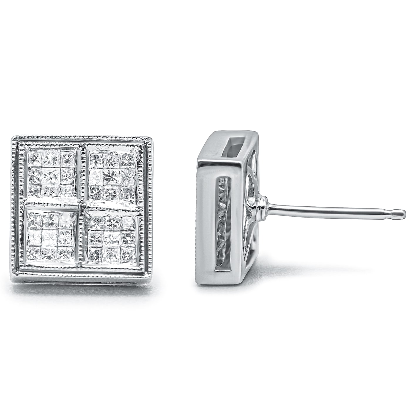 0.50ctw Princess Diamond Box Shape Milgrain Stud 14K White