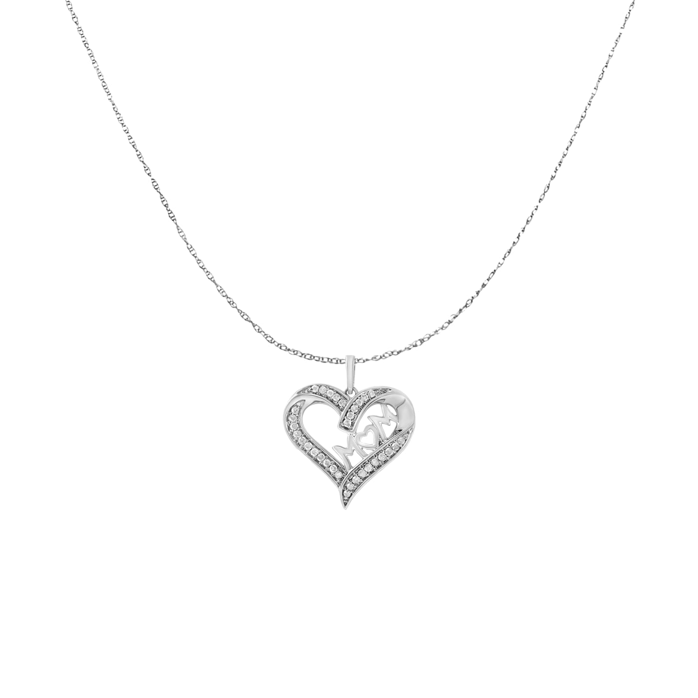 Sterling Silver 1/4ctw Diamond Engraved Mom in Heart Pendant w