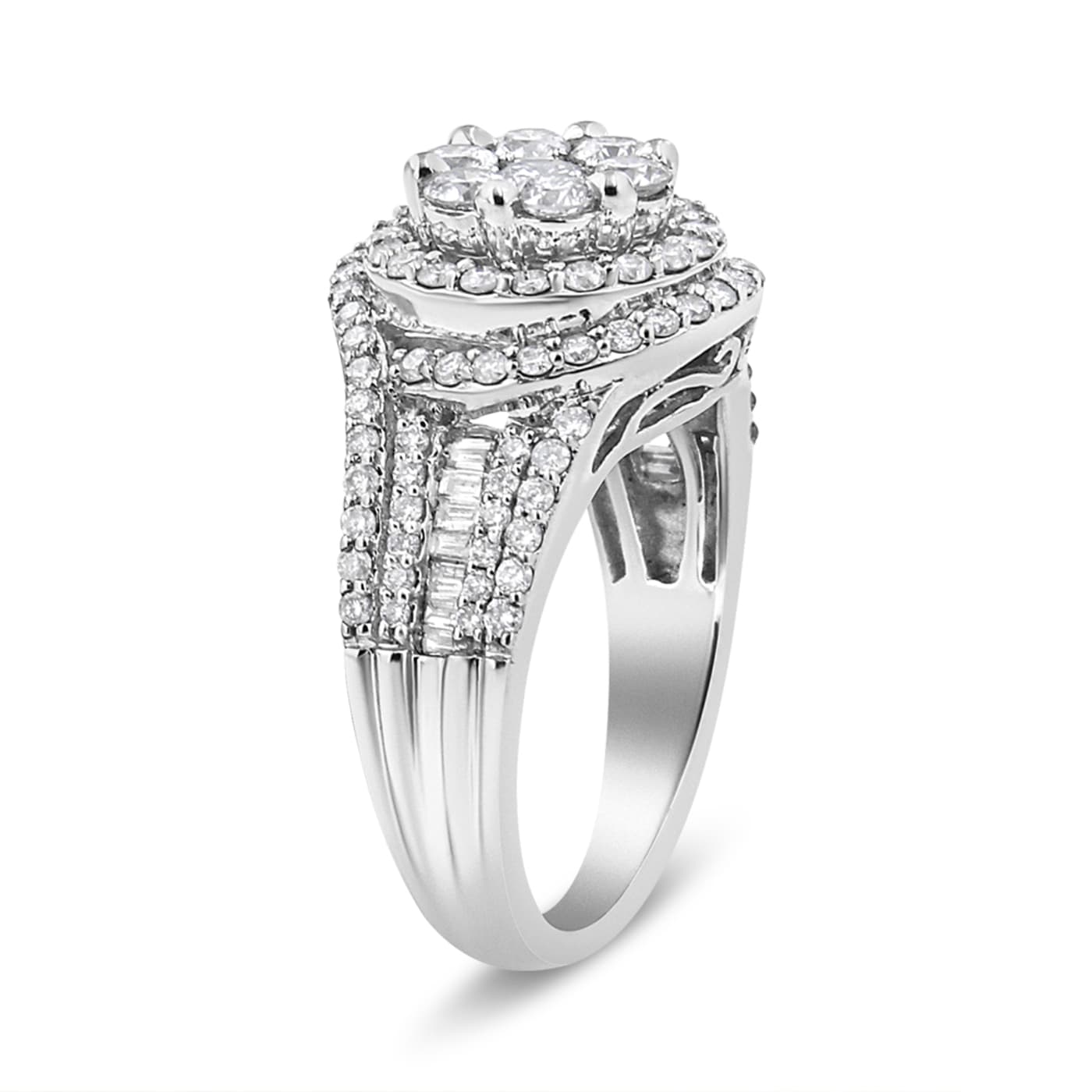14K White Gold 1 1/2ctw Diamond Floral Cluster and Studded Shank Ring (H-I  Color, SI2-I1 Clarity) - 12XBVA