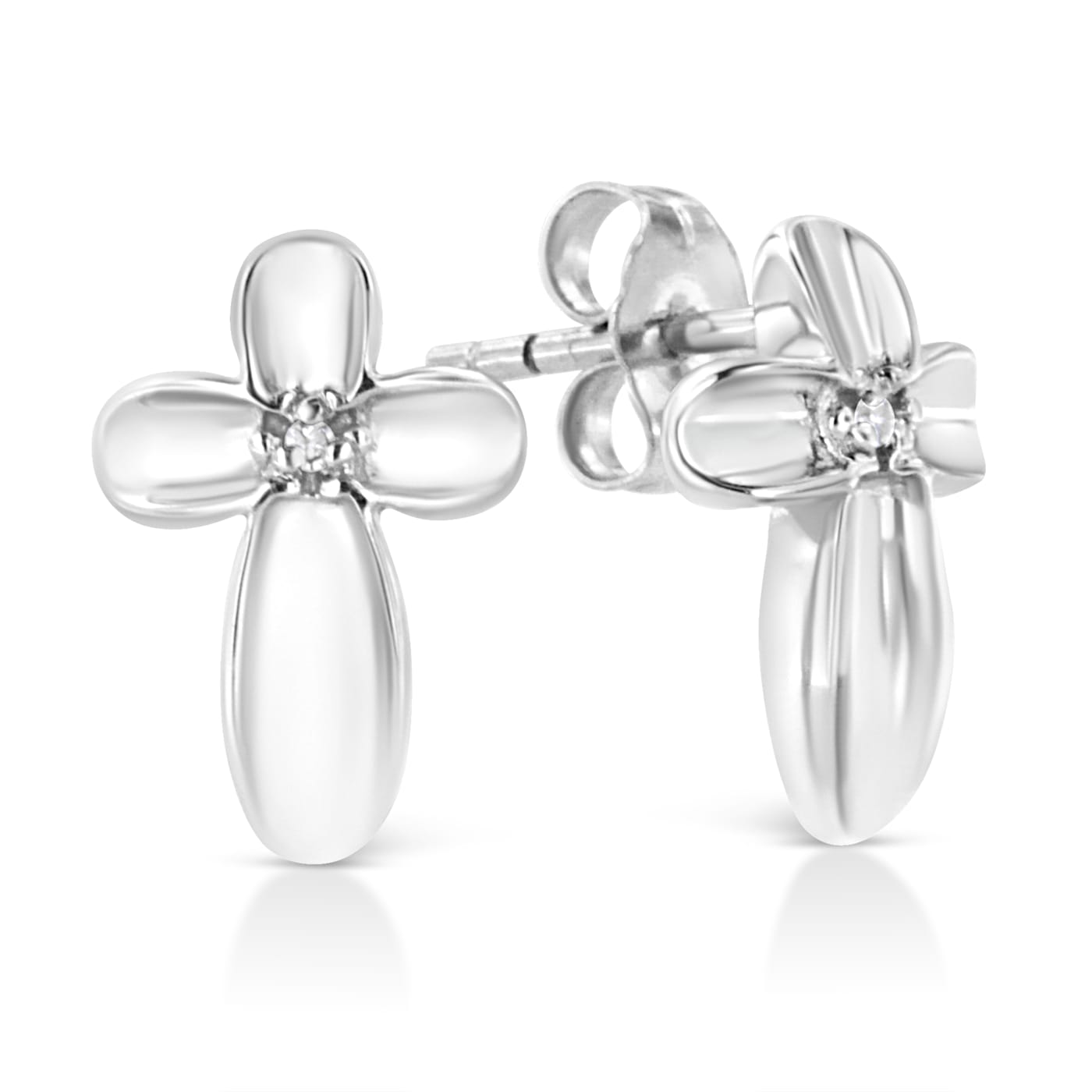 Sterling Silver Prong Set Diamond Accent Floral Cross Stud