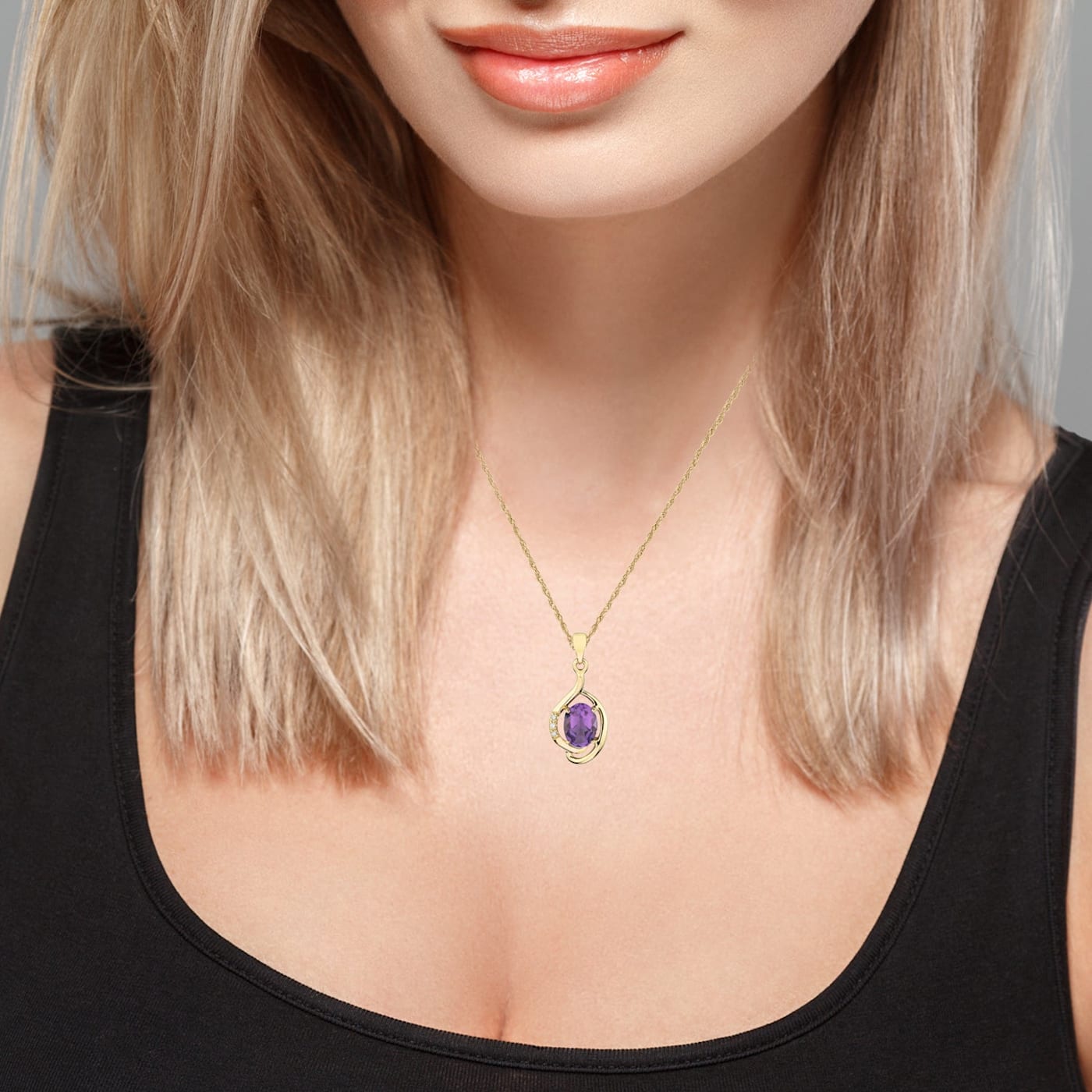 10k Yellow Gold Genuine Oval Amethyst and Diamond Pendant