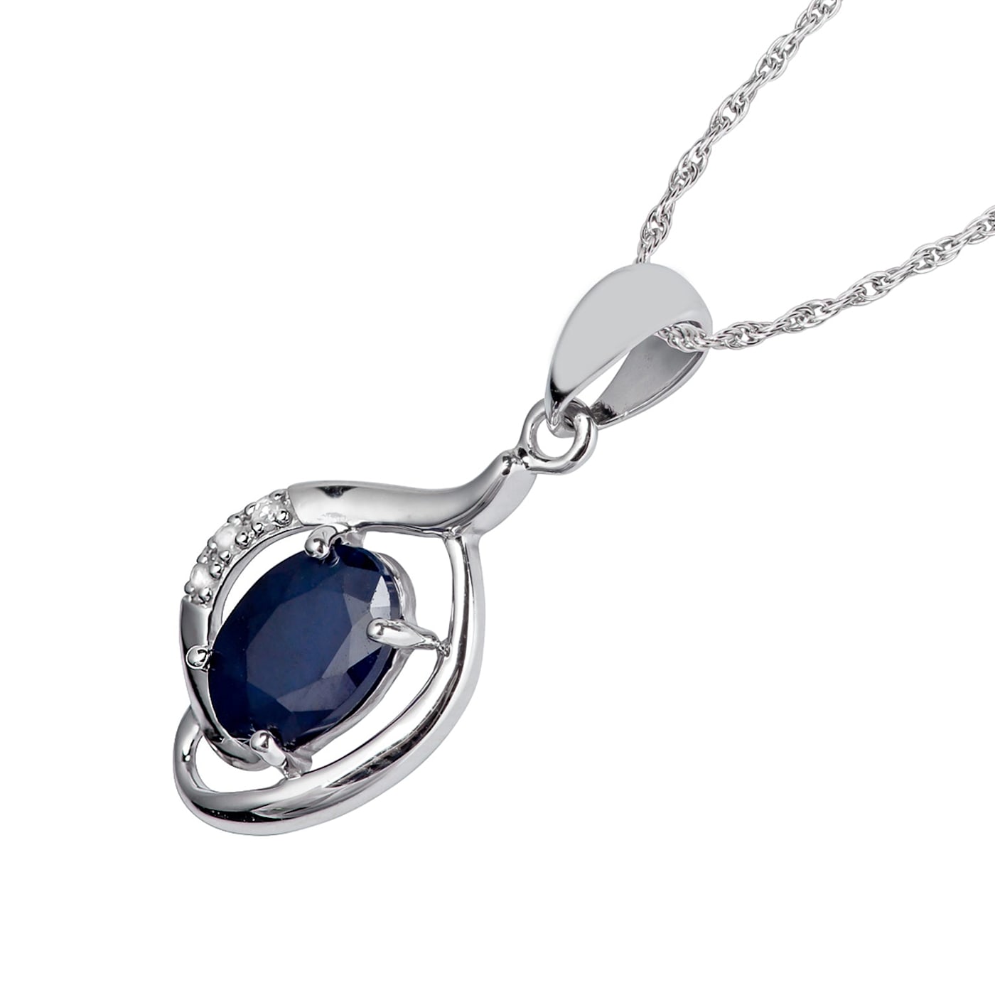 10k White Gold Genuine Oval Sapphire and Diamond Pendant
