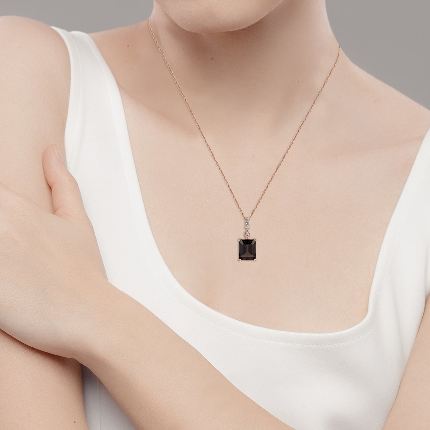 10k Rose Gold Genuine Emerald Cut Smoky Quartz and White