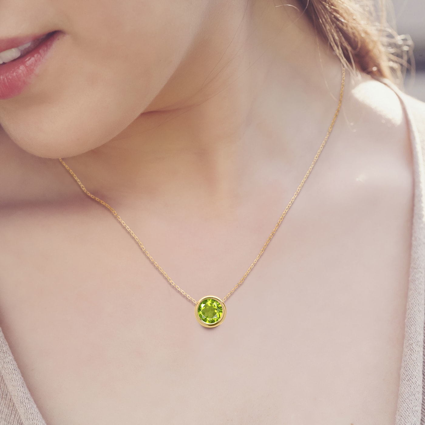 14K Gold 8mm Round 2 CTW Peridot Solitaire Floating Necklace
