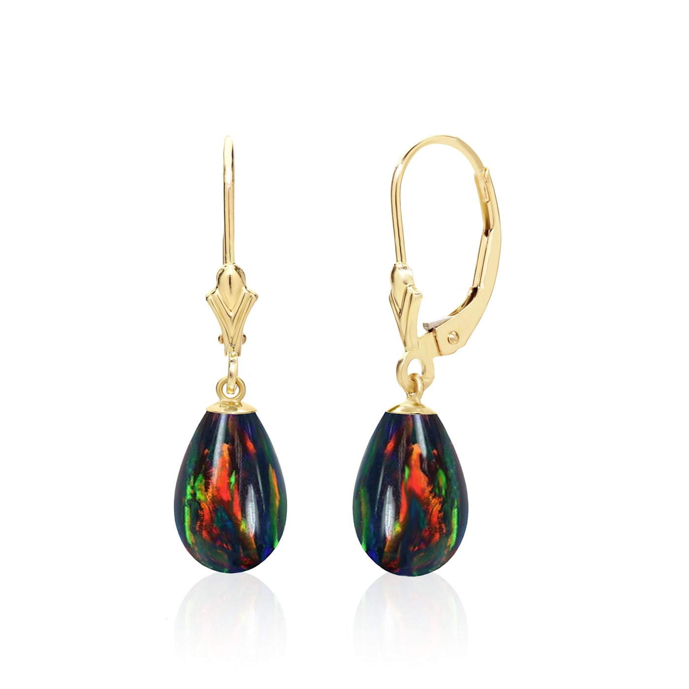 14K Solid Yellow Gold Lab Created Black Fire Opal Teardrop