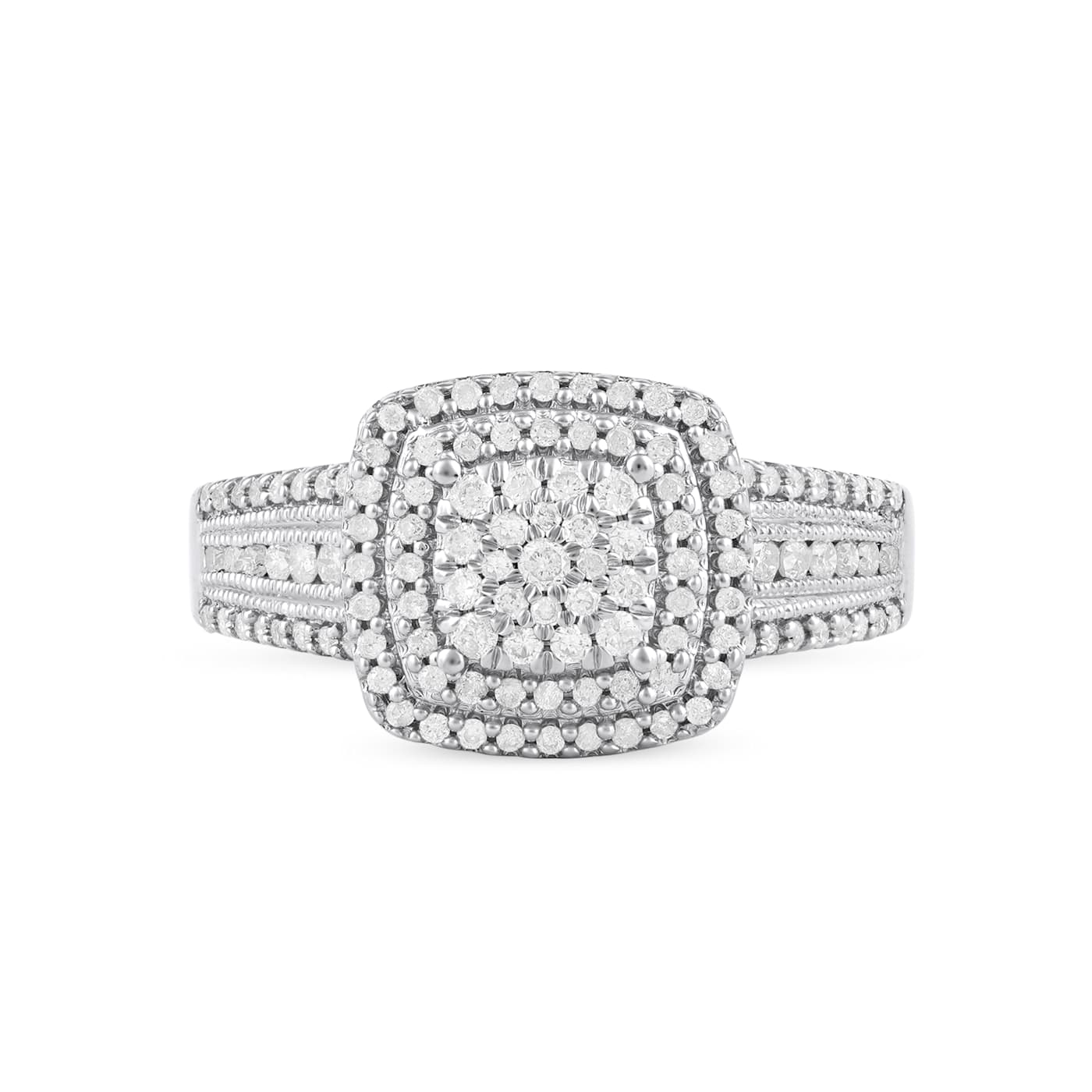 1/2ct TDW Diamond Cluster Double Halo Engagement Ring in Silver