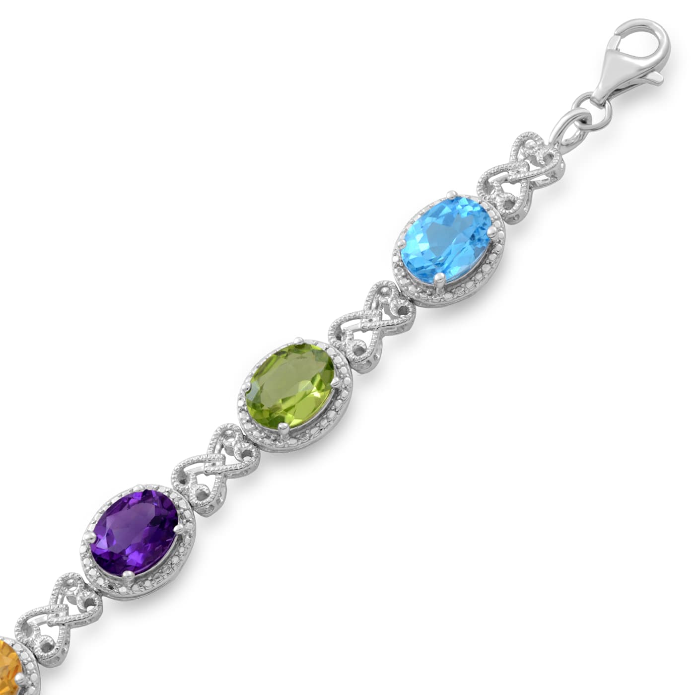 Sterling Silver Multigem Link Bracelet with Garnet Amethyst