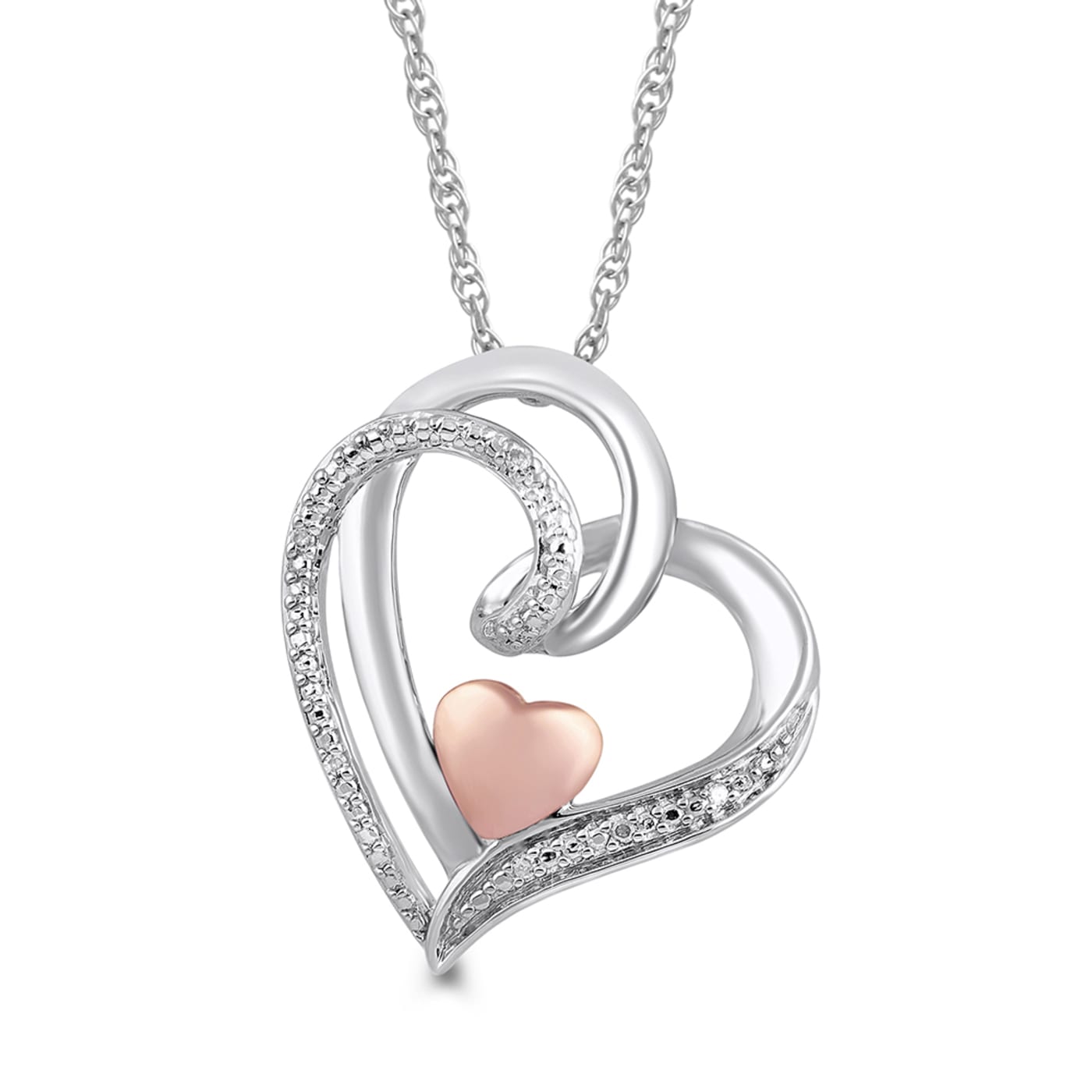 Natural White Diamonds Sterling Silver and 10K Rose Gold Heart
